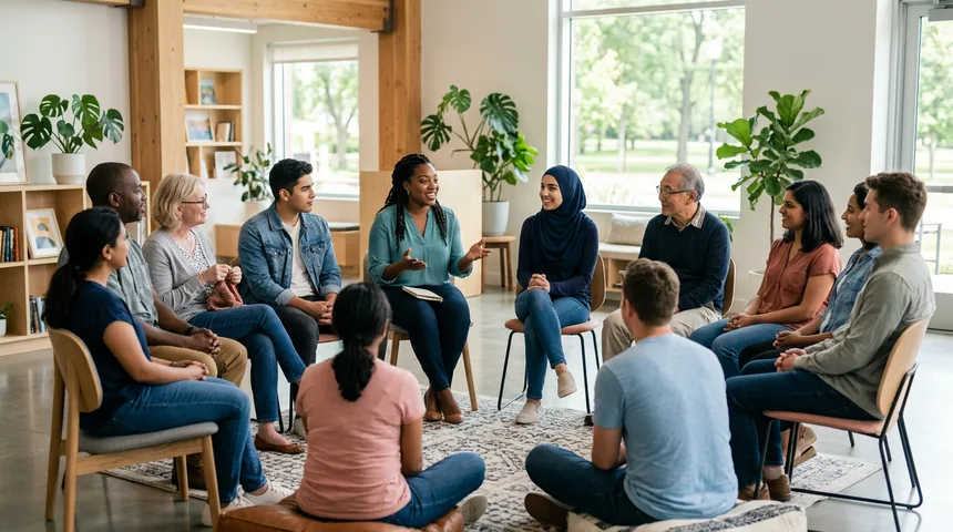 Group in conversation showing different body language