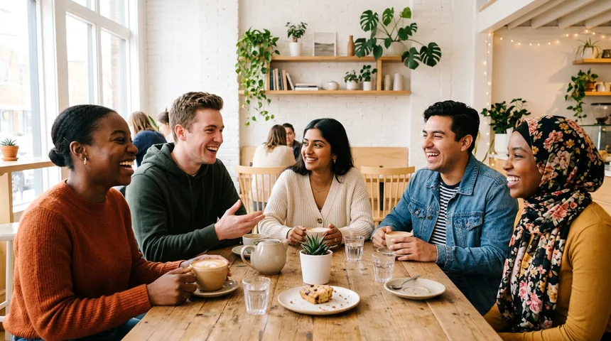 People socializing in a modern cafe