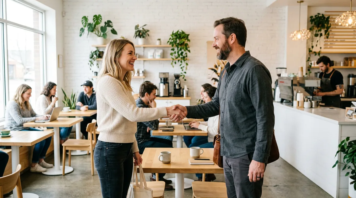 Meeting a new acquaintance at a coffee shop